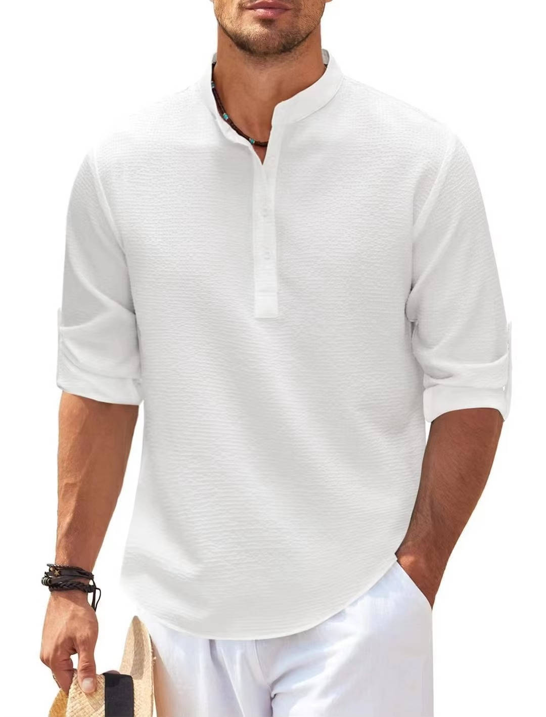 Beige waffle knit Henley shirt slim casual fit tri-blend breathable texture everyday comfort