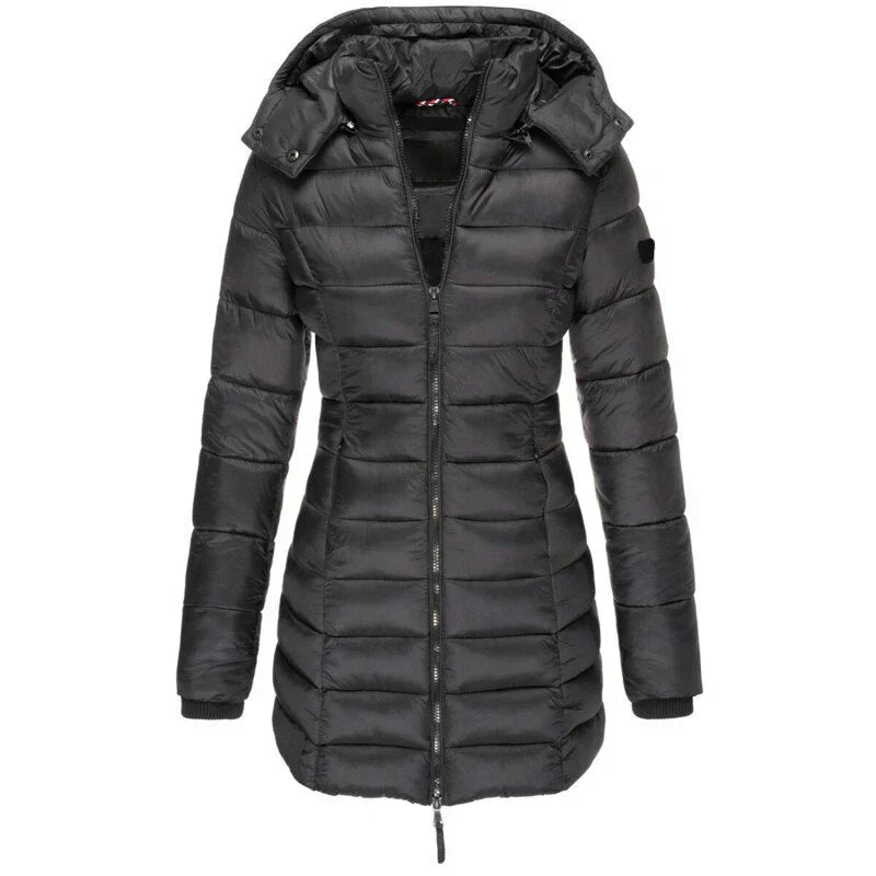 Zara black hooded down jacket with warm lining, sleek winter fit and durable easy-care fabric