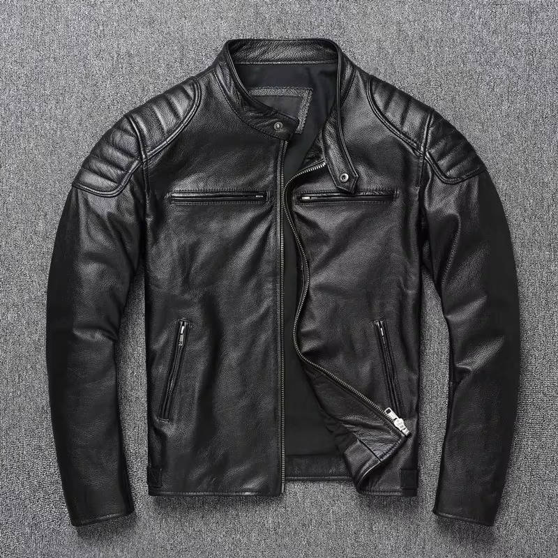Men's black quilted leather motorcycle jacket with sleek biker cut and premium smooth interior lining