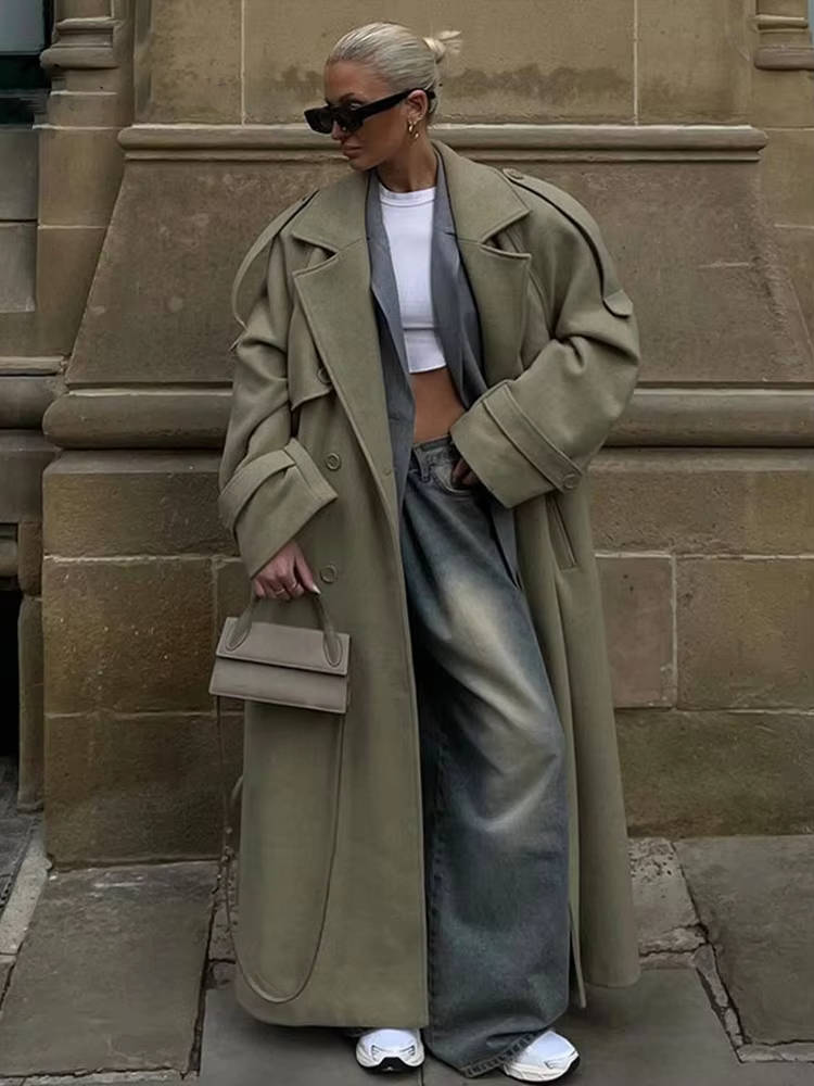 Women oversized long trench coat wool-polyester blend timeless silhouette office-ready professional outerwear