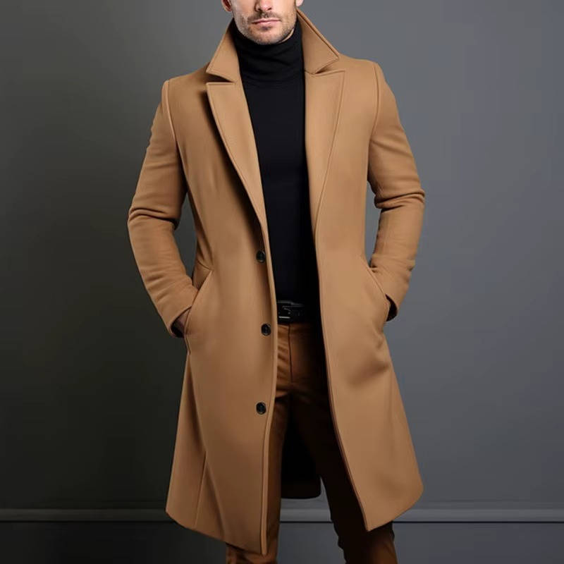 Men's wool blend long overcoat single-breasted formal casual tailored fit for modern professionals