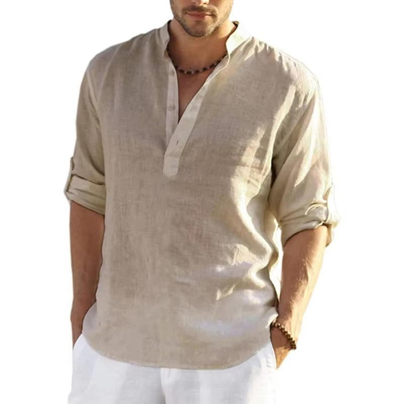 Men's linen Henley shirt rolled sleeves breathable lightweight casual summer style relaxed fit