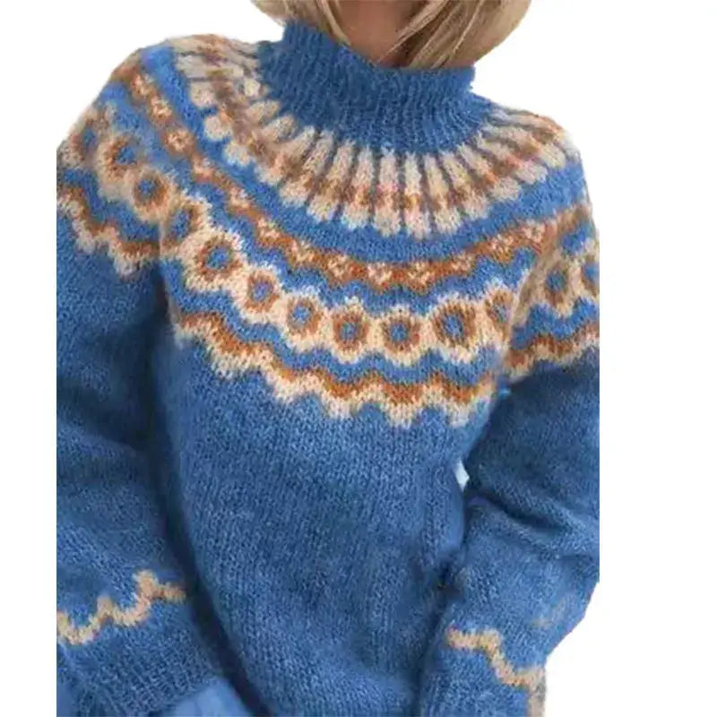 Women's geometric Nordic knit sweater with high collar, cream and navy pattern, cozy winter style