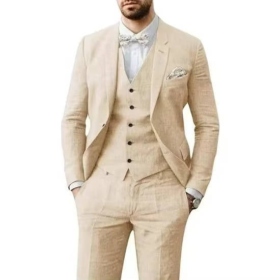 Men light blue linen three-piece suit with vest, breathable slim-fit style for summer weddings