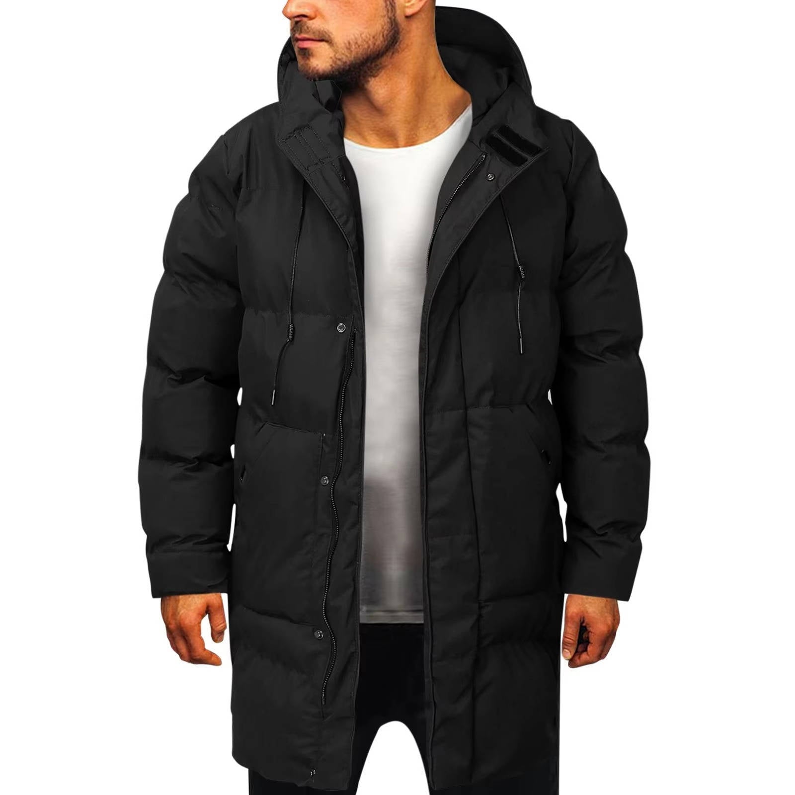 Men's black hooded puffer jacket slim long cut advanced insulation windproof shell cold weather