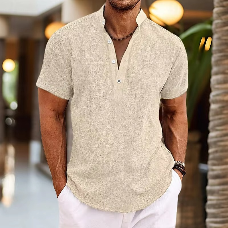 Men's light linen Henley shirt breathable lightweight short sleeve everyday essential all seasons