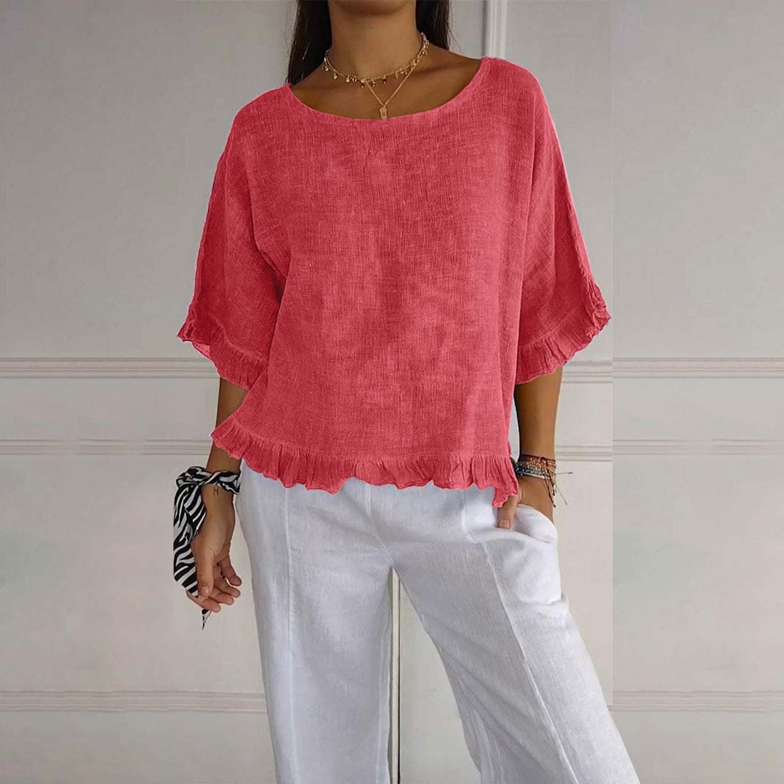 Women's loose fit ruffle blouse, airy flowy silhouette with delicate frill cuffs and hem for easy layering