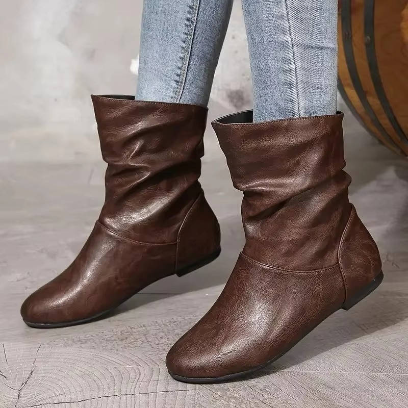 Urbann-Vibe women's slouchy flat ankle boots slip-on style with cushioned insole in neutral tone