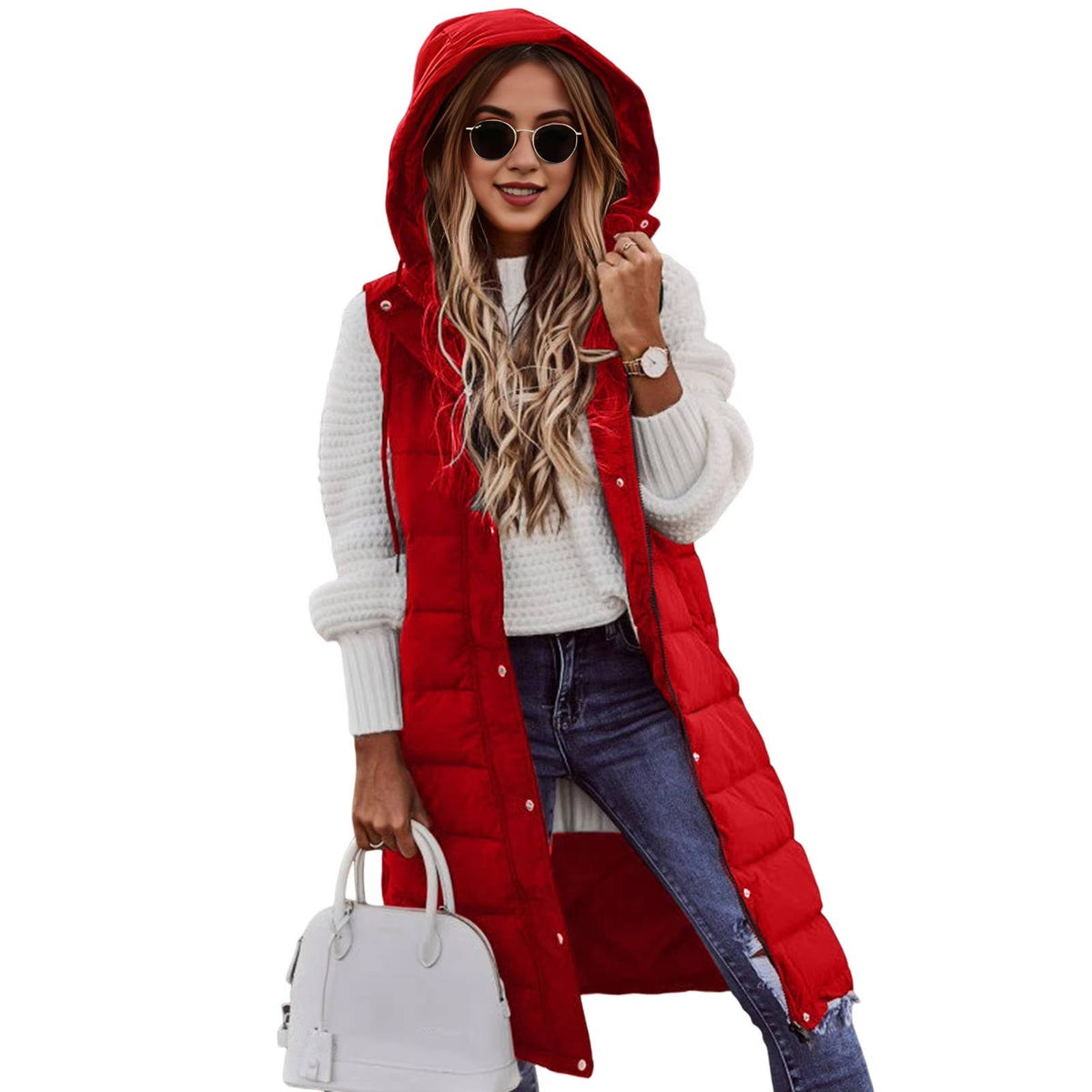 Women's black knee-length hooded puffer vest sleeveless quilted lightweight outdoor active style