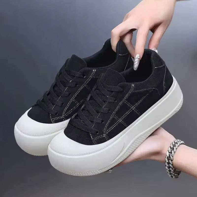Ivanna women's suede platform sneakers in neutral tones with cushioned thick sole for elevated casual style
