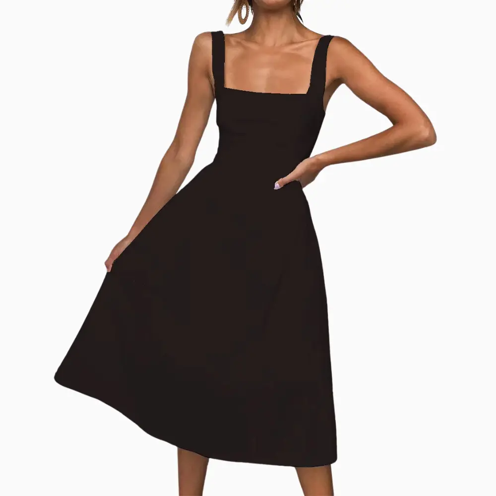 Women's ruched midi dress square neckline lightweight summer casual beach style flattering silhouette