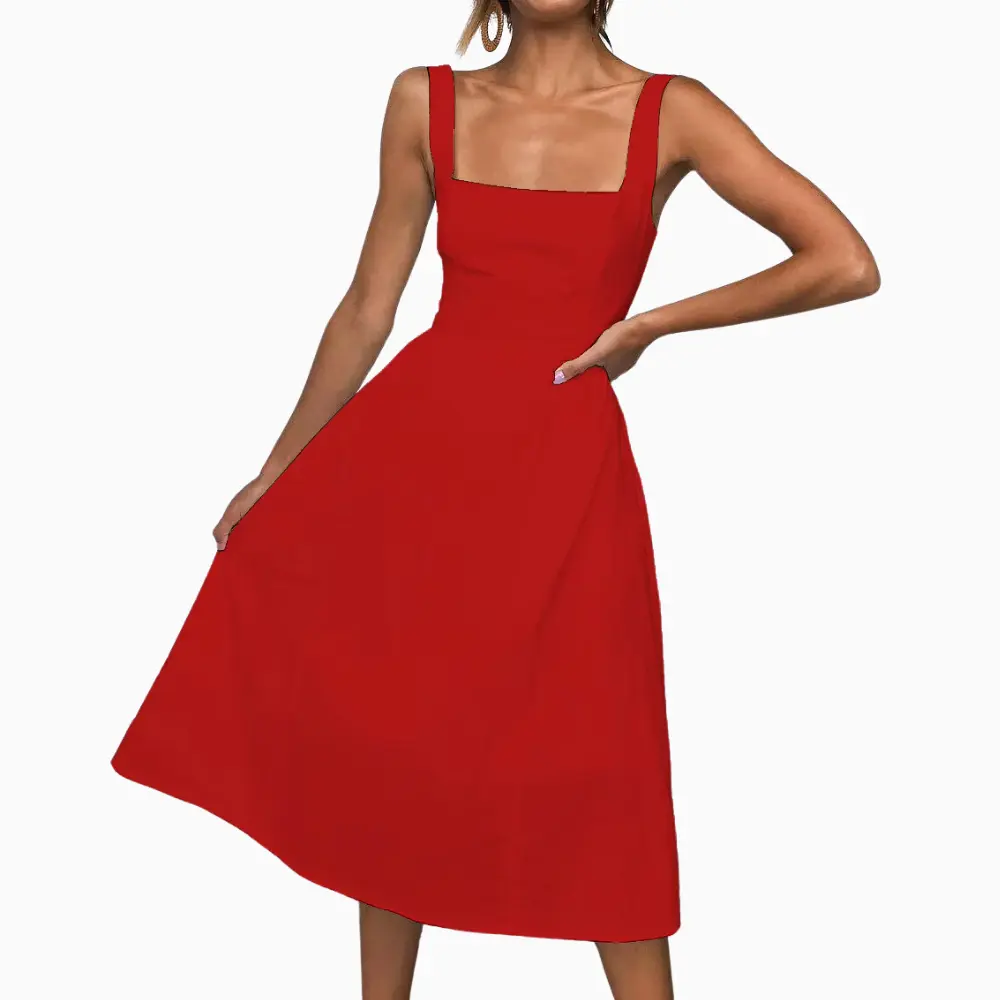 Women's ruched midi dress square neckline lightweight casual summer beach style flattering silhouette