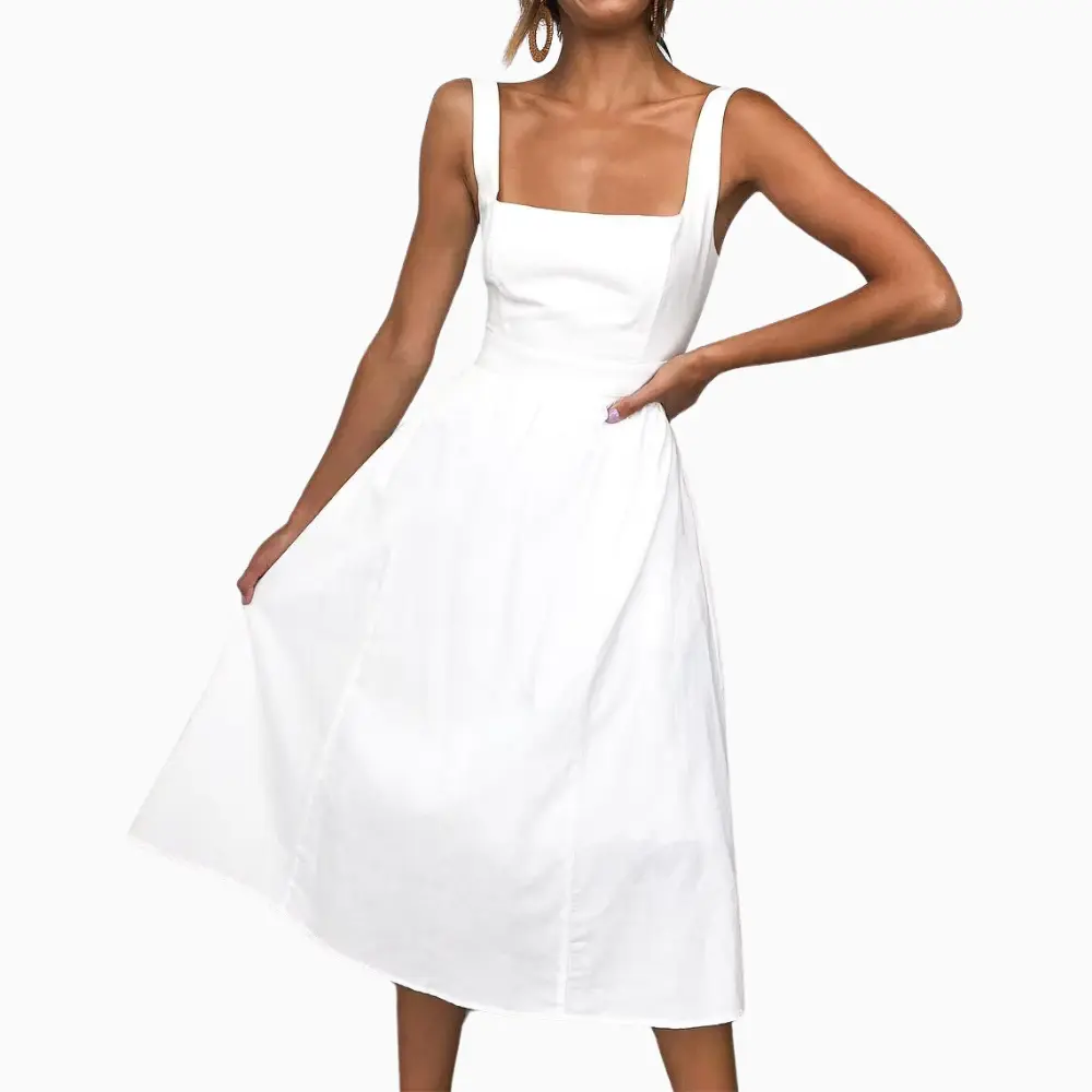 Women's ruched midi dress square neckline lightweight summer casual beach style flattering silhouette