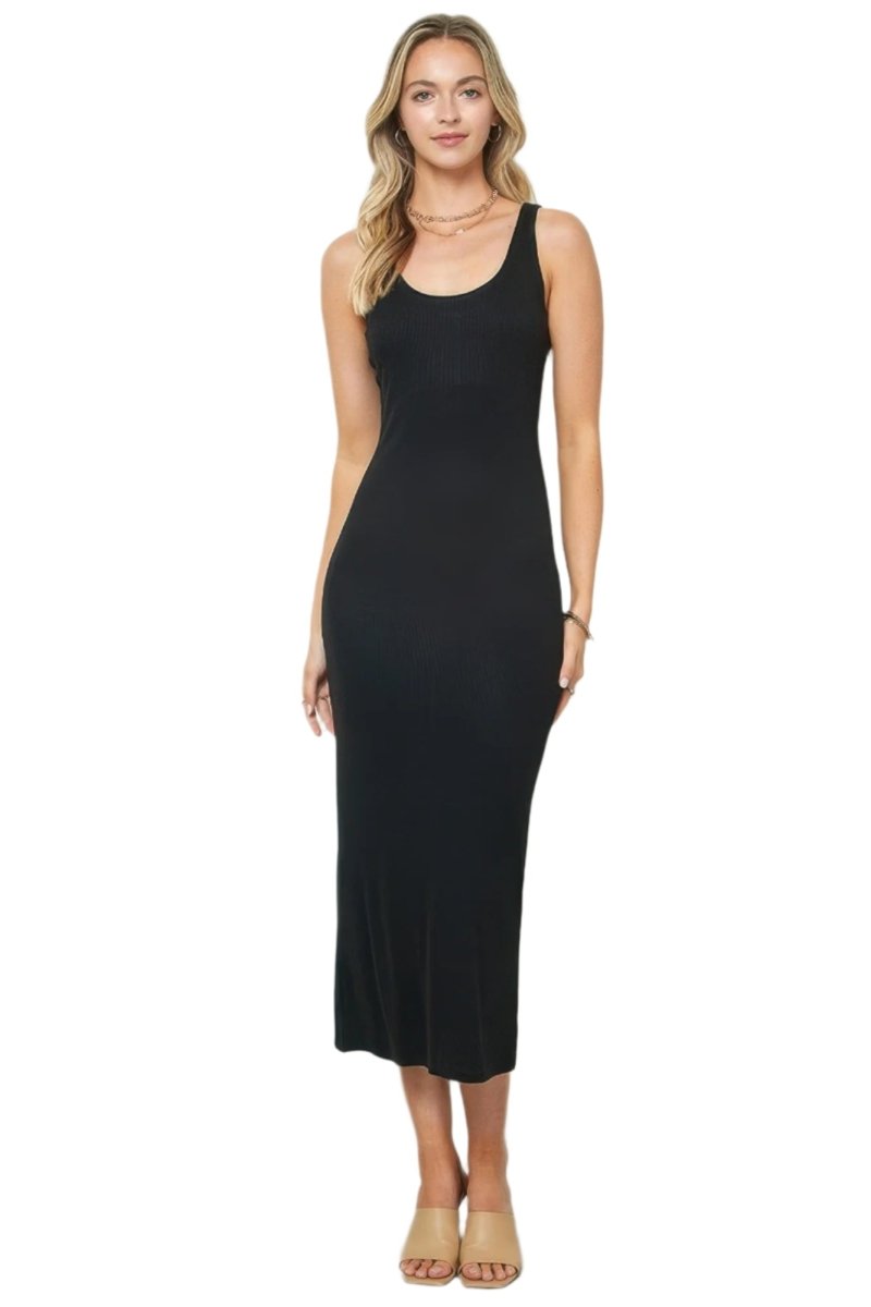 Black ribbed knit tank maxi dress with double scoop neck, form-flattering silhouette, sleek day-to-night style