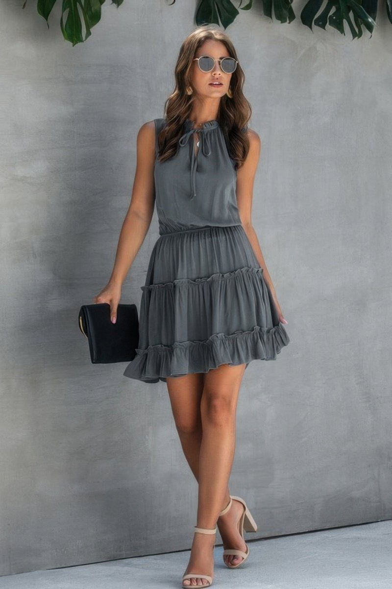 Chiffon sleeveless ruffle mini dress tie neck cinched waist lightweight breathable summer style