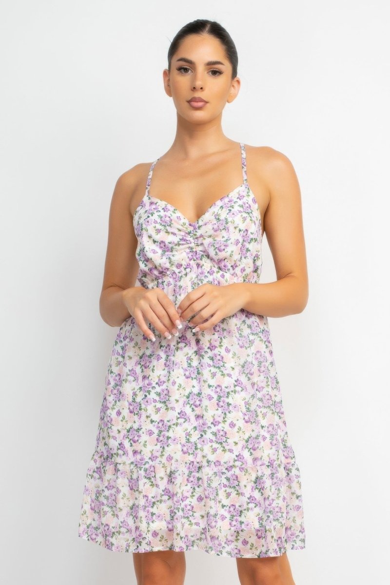 Women's floral mini dress sweetheart neckline ruched front elastic waist double straps brunch date