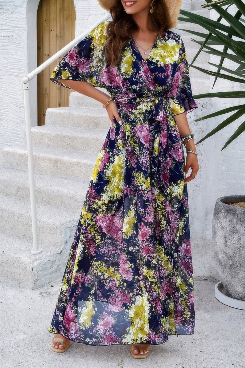 Floral print maxi dress women V-neck waist cinched silhouette side slit lightweight polyester