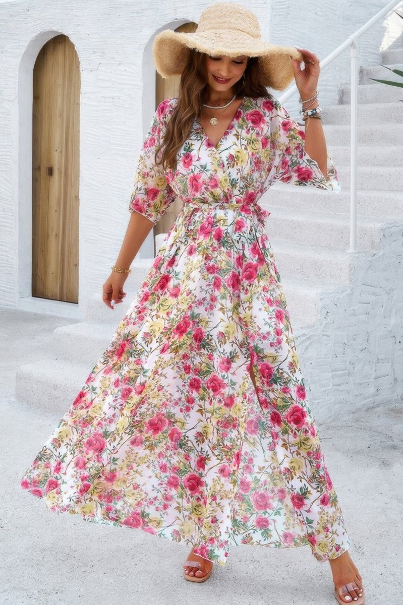 Floral print maxi dress women V-neck waist cinched silhouette side slit lightweight polyester