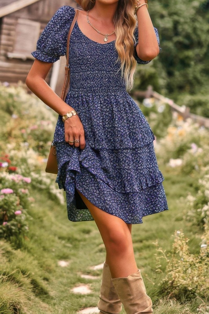 Women's floral A-line dress lightweight V-neck short sleeve casual summer vacation style