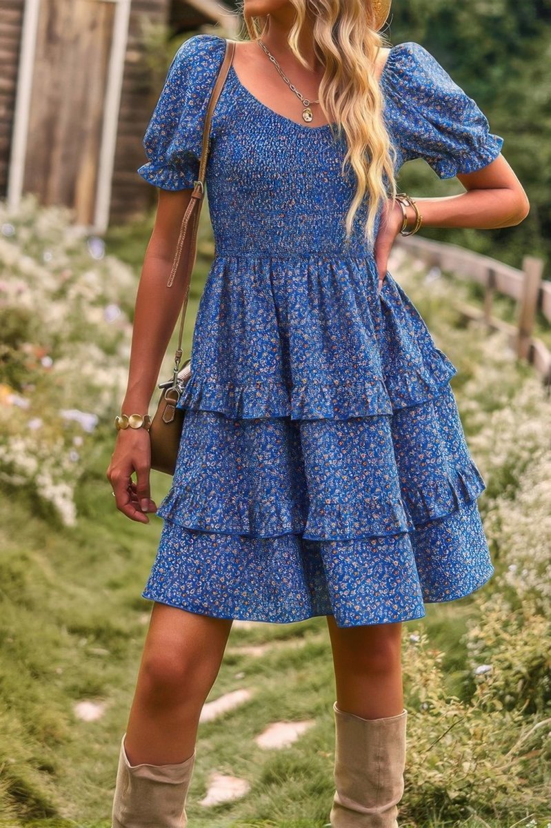 Women's floral A-line dress, lightweight V-neck short sleeve casual summer vacation style