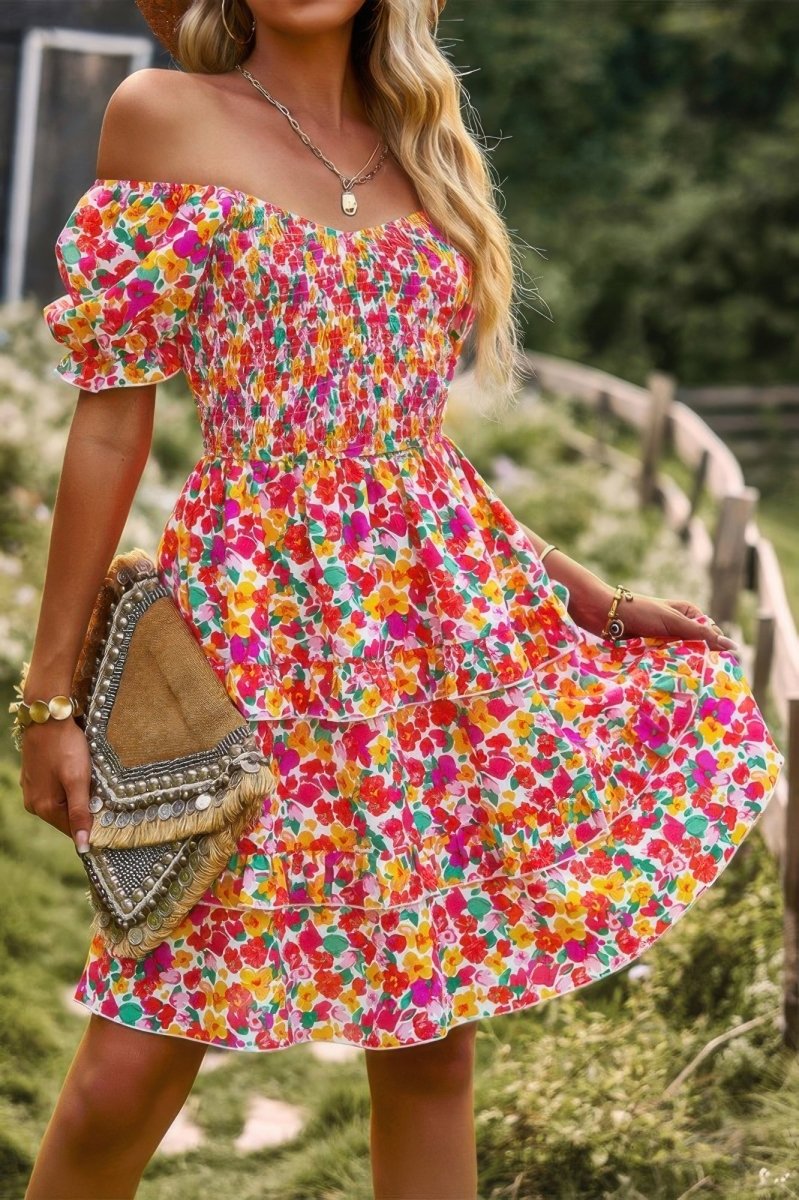 Women's floral A-line dress, lightweight V-neck short sleeve casual summer vacation style