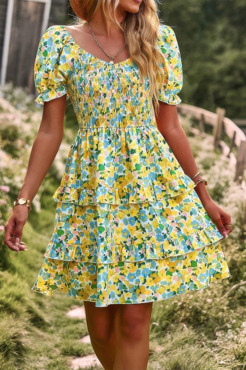 Floral print A-line dress women lightweight V-neck short sleeve casual summer vacation style