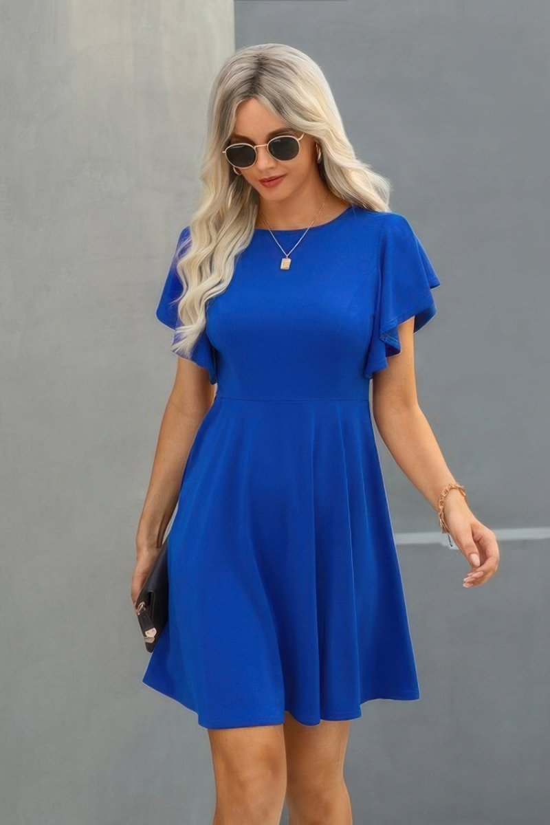 Women's solid ruffle mini dress crew neck short sleeve stretch fabric casual everyday versatile fit