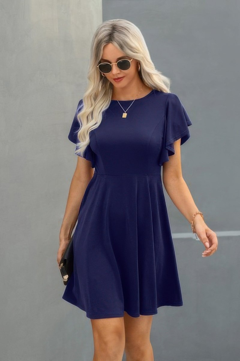 Women's solid ruffle mini dress crew neck short sleeve stretch casual everyday wear