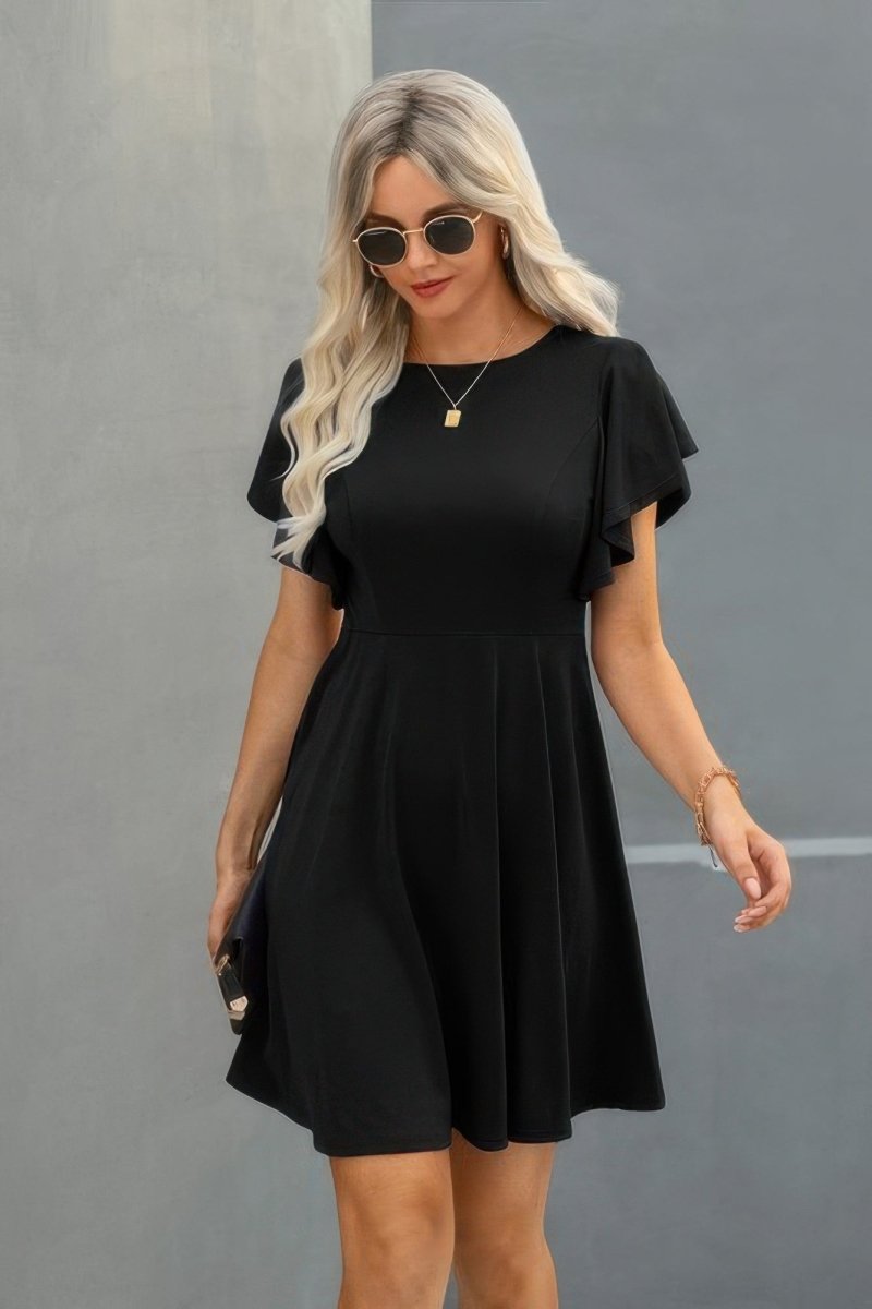 Women's solid ruffle mini dress crew neck short sleeve stretch casual everyday comfort fit