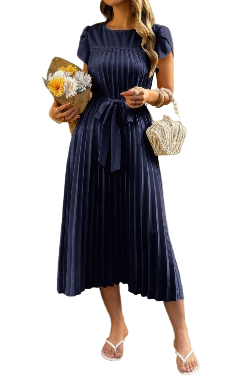 White pleated midi dress with short puff sleeves and adjustable self-tie belt for women