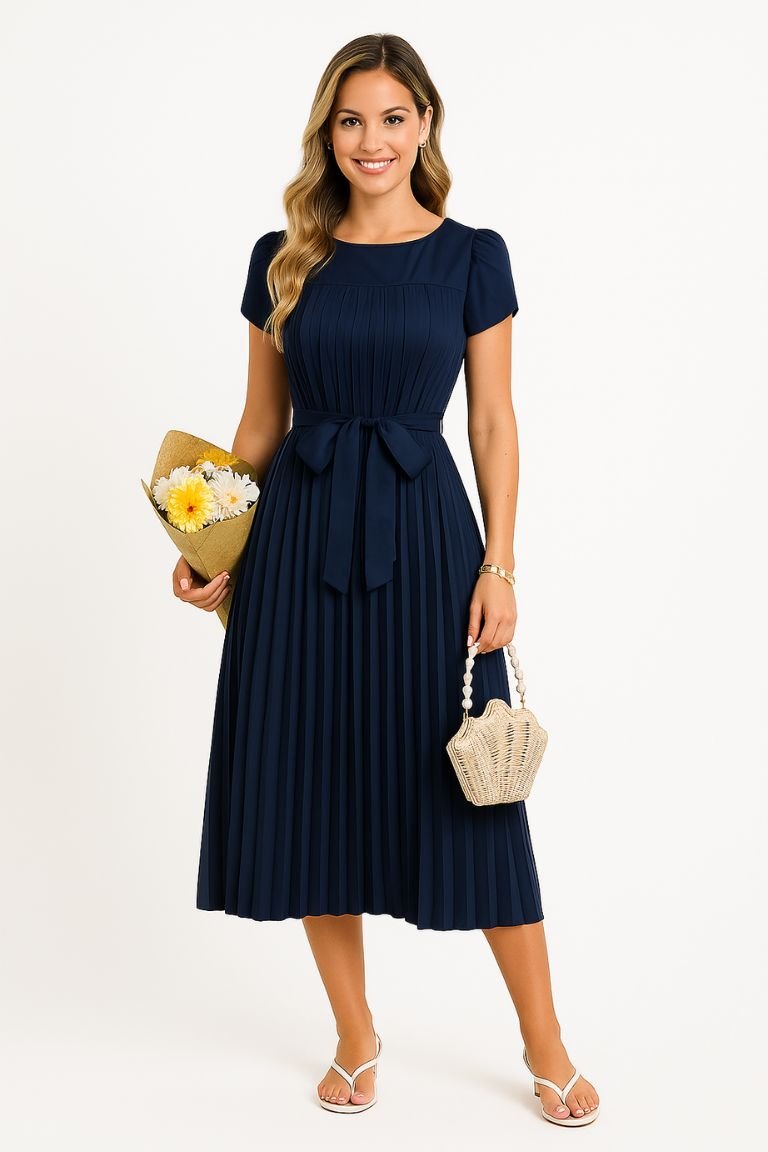 White pleated midi dress with short puff sleeves and adjustable self-tie waist belt