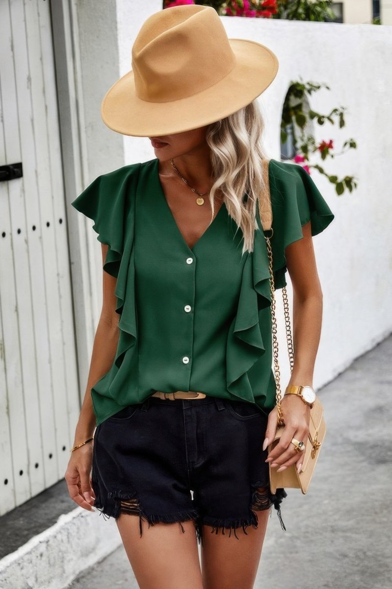 Women's ruffle sleeve blouse lightweight polyester V-neck loose fit versatile office weekend top