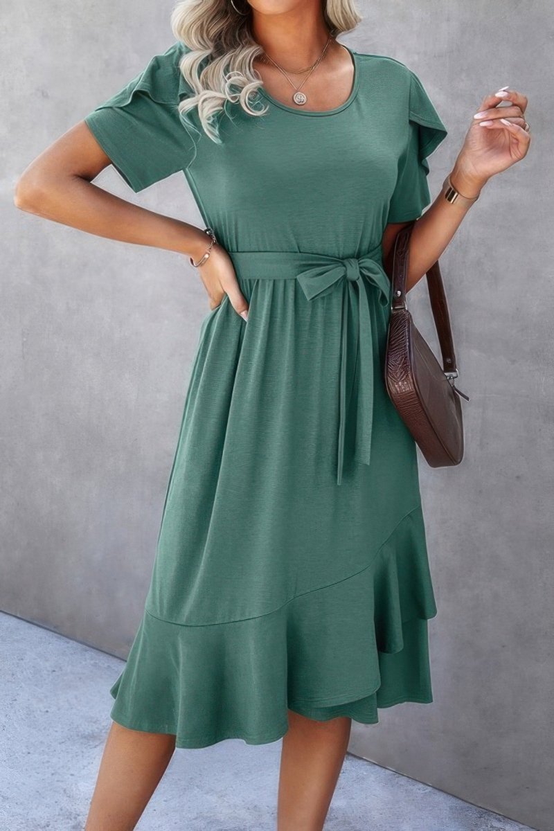 Women's dusty blue scoop neck midi dress with short sleeves and adjustable waist tie detail