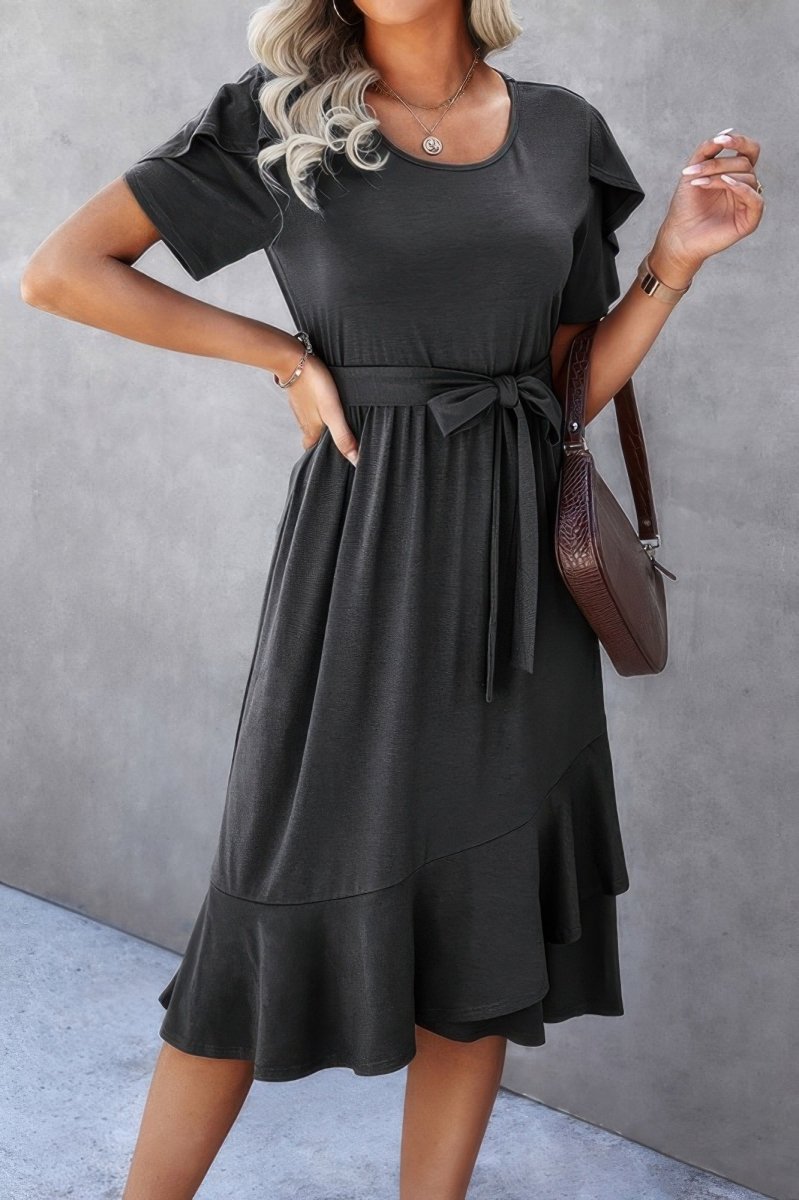 Women's sage green scoop neck midi dress with short sleeves and adjustable waist tie detail