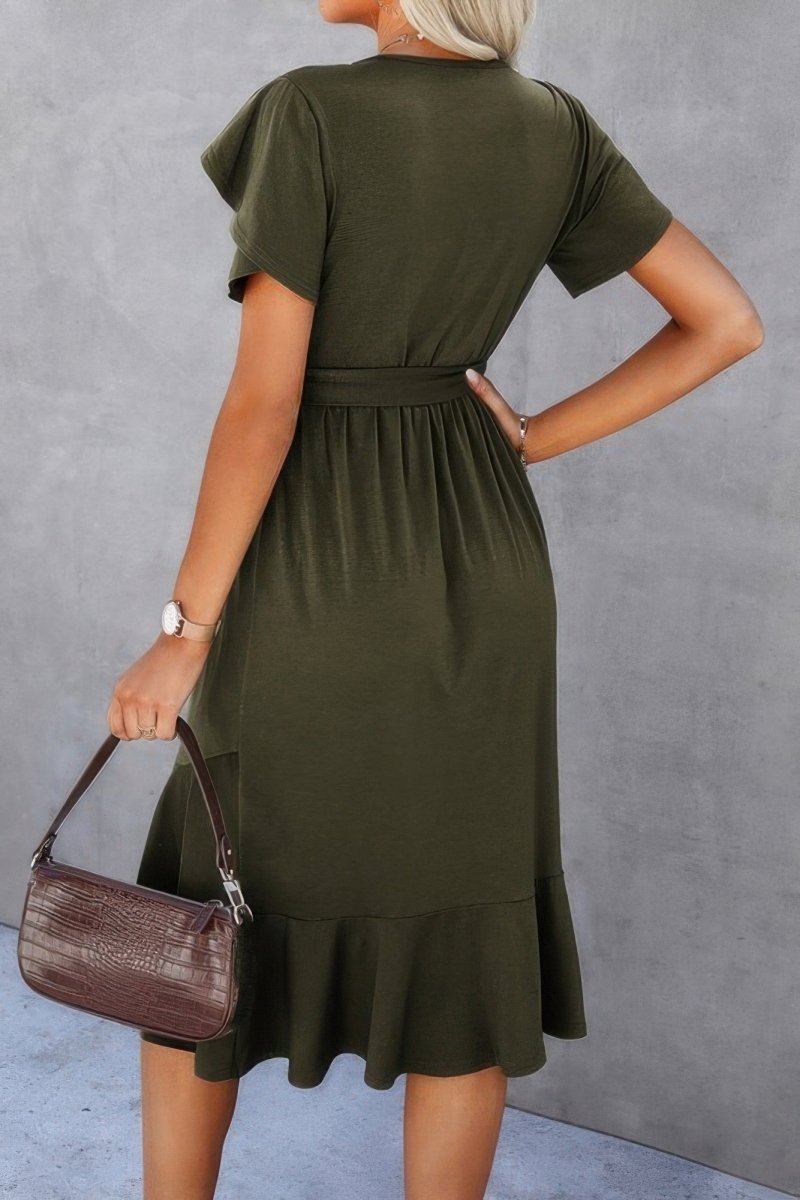 Women's black scoop neck midi dress with short sleeves and adjustable waist tie detail