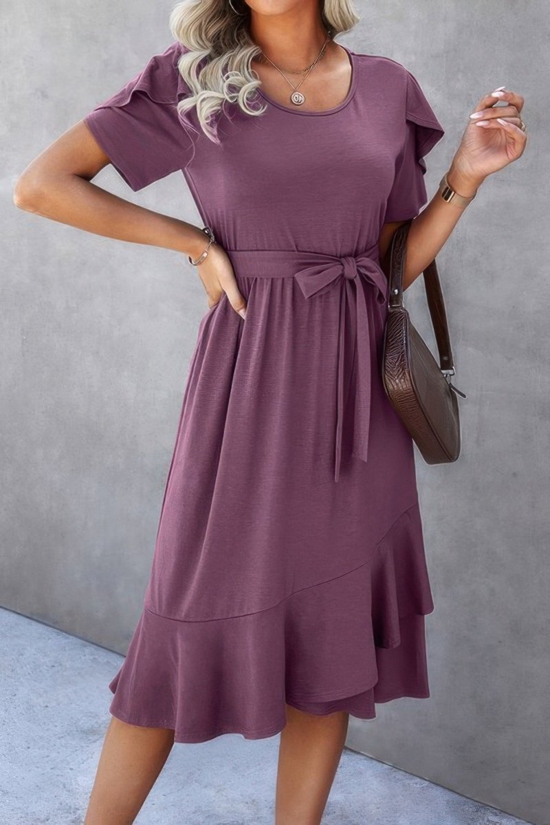 Women's sage green scoop neck midi dress with short sleeves and adjustable waist tie detail