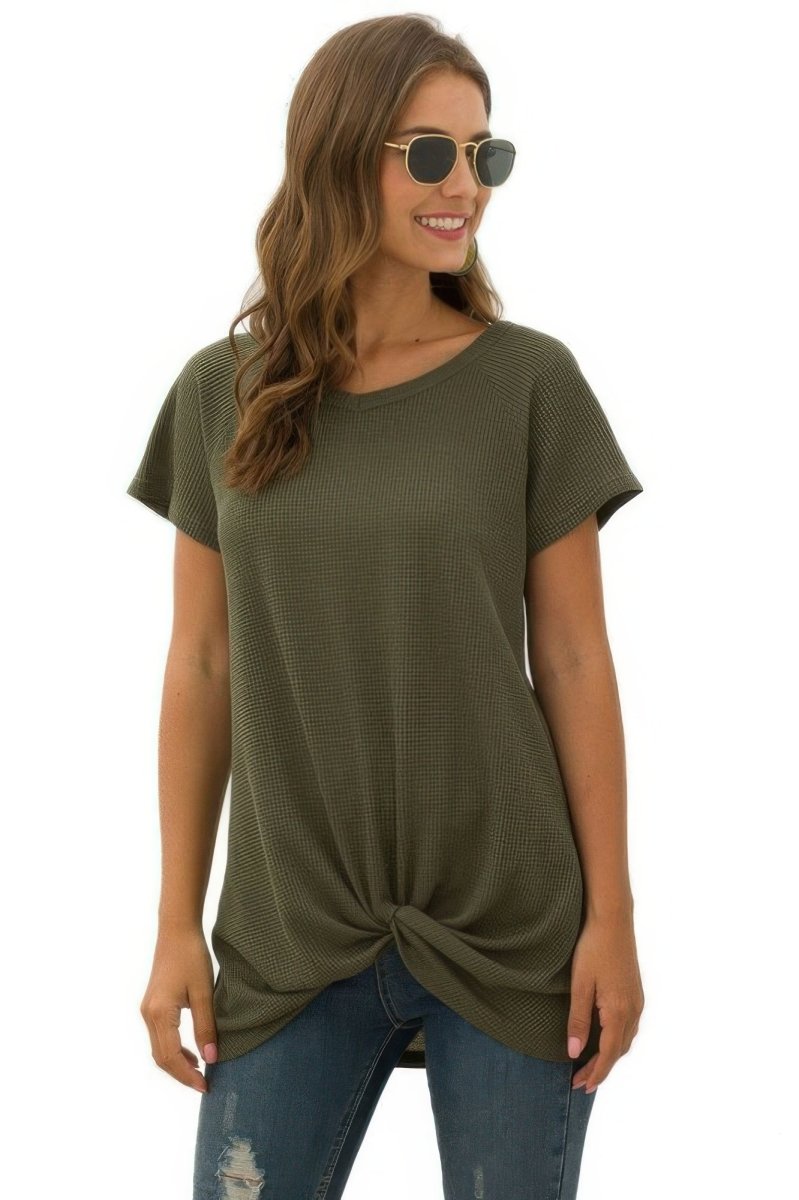 Women's lightweight waffle knit t-shirt in neutral tone with short sleeves and front twist hem detail