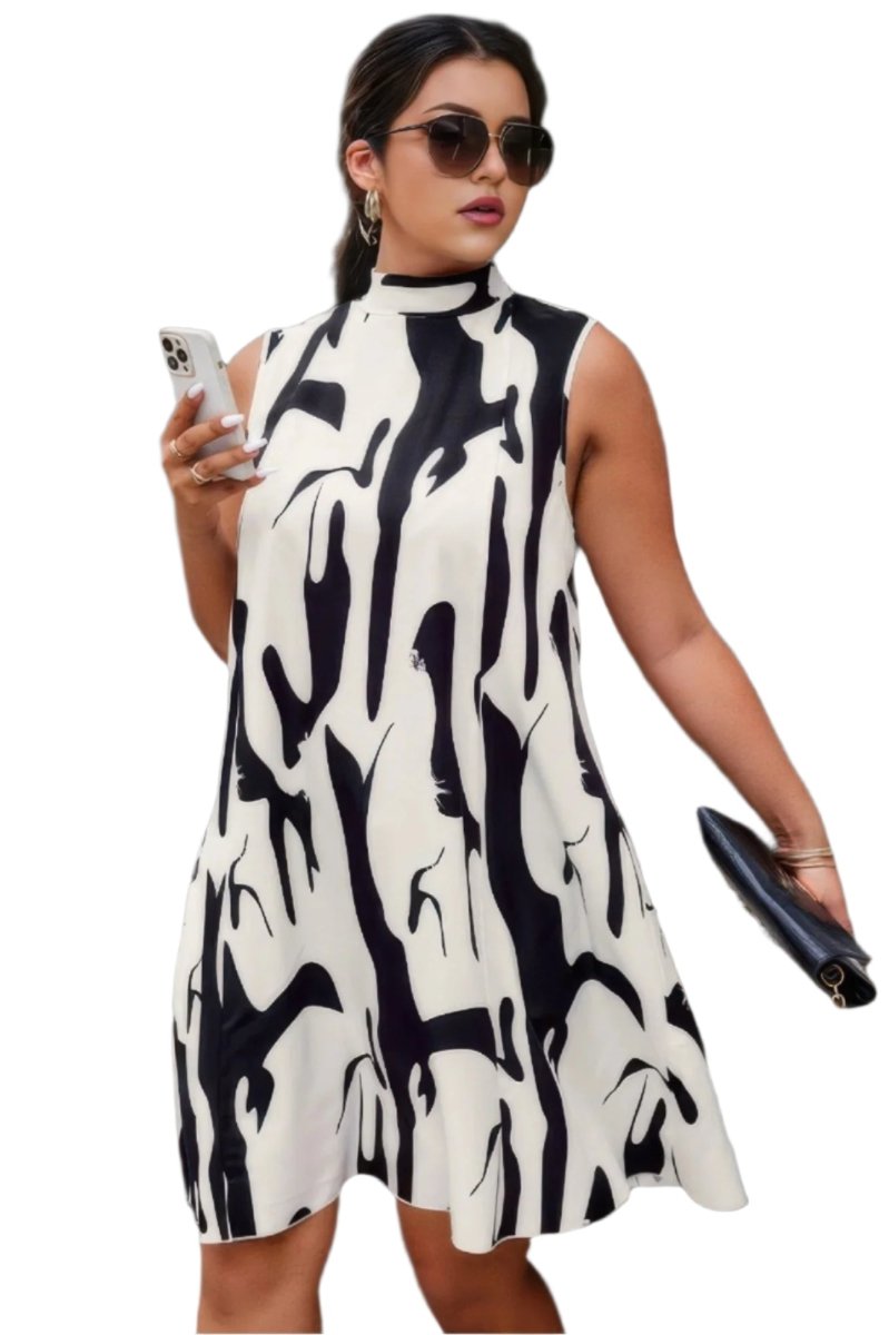 Plus size sleeveless abstract print dress with open back knot detail and relaxed summer silhouette