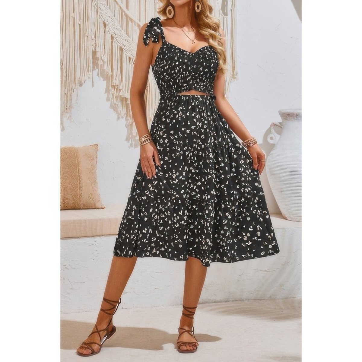 Women's square neck leopard cutout dress, lightweight casual fit with elastic waist and bold animal print