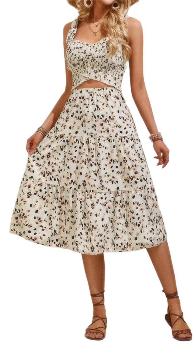 Women's leopard print square neck casual dress with elastic waist and chic cutout detail