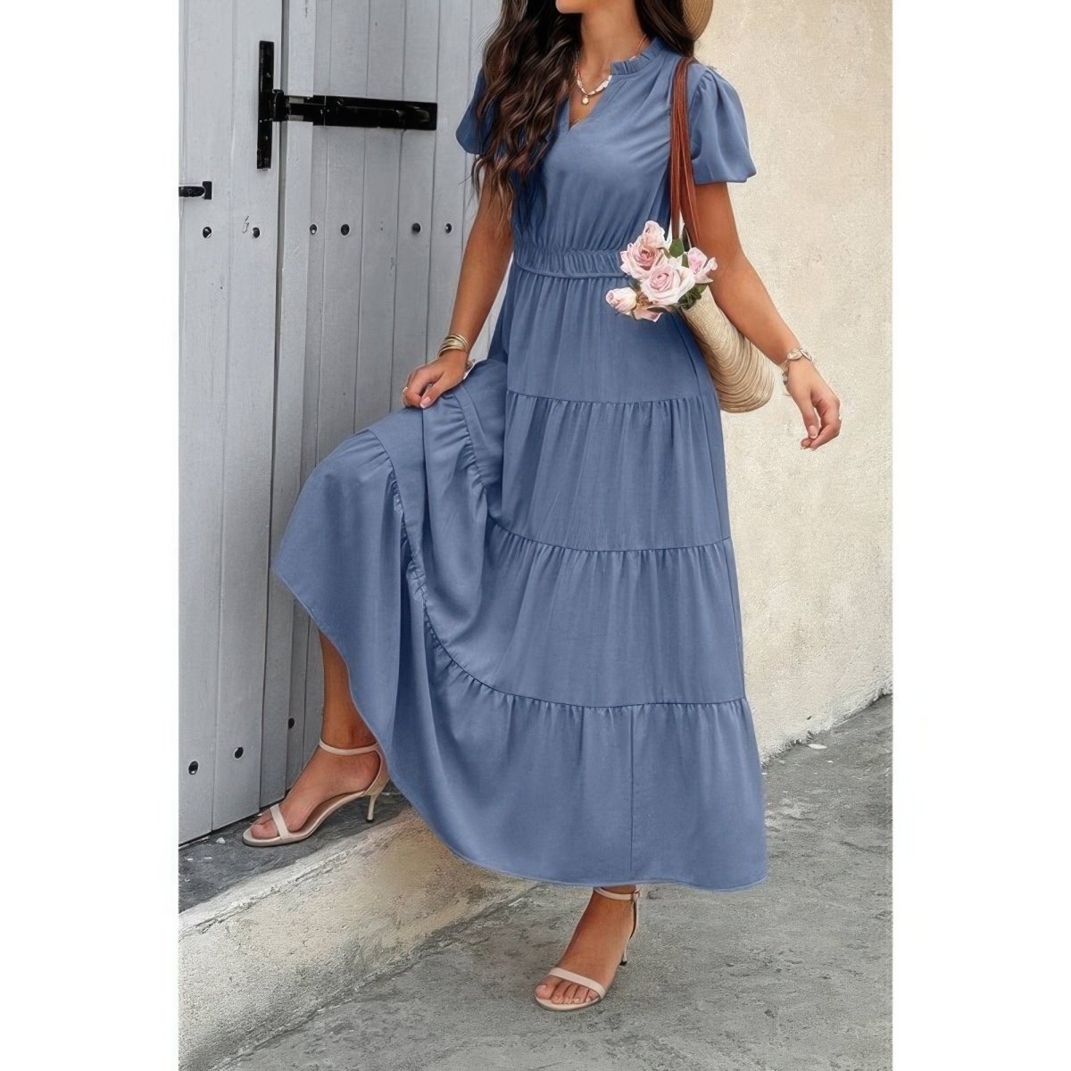 Women's color block V-neck dress with elastic waist, casual lightweight everyday fit
