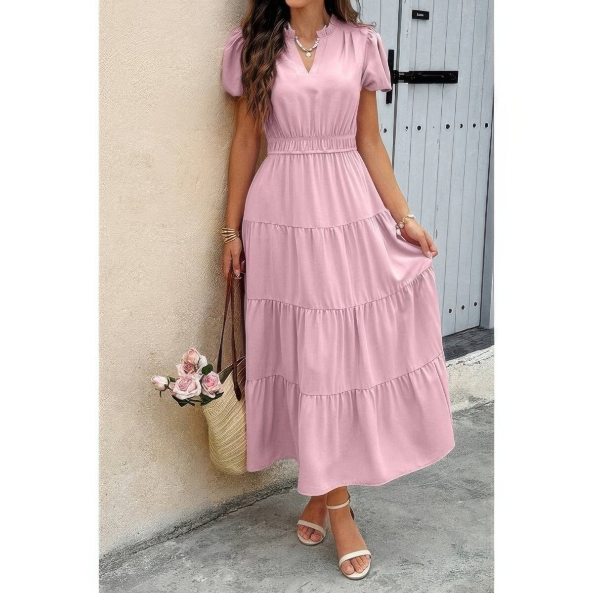 Women's color block V-neck dress with elastic waist, casual lightweight everyday fit