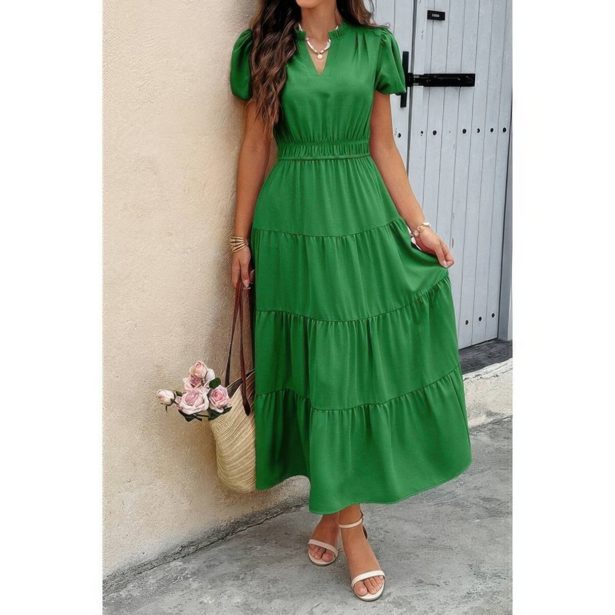 Women's color block v-neck dress with elastic waist, casual lightweight everyday fit