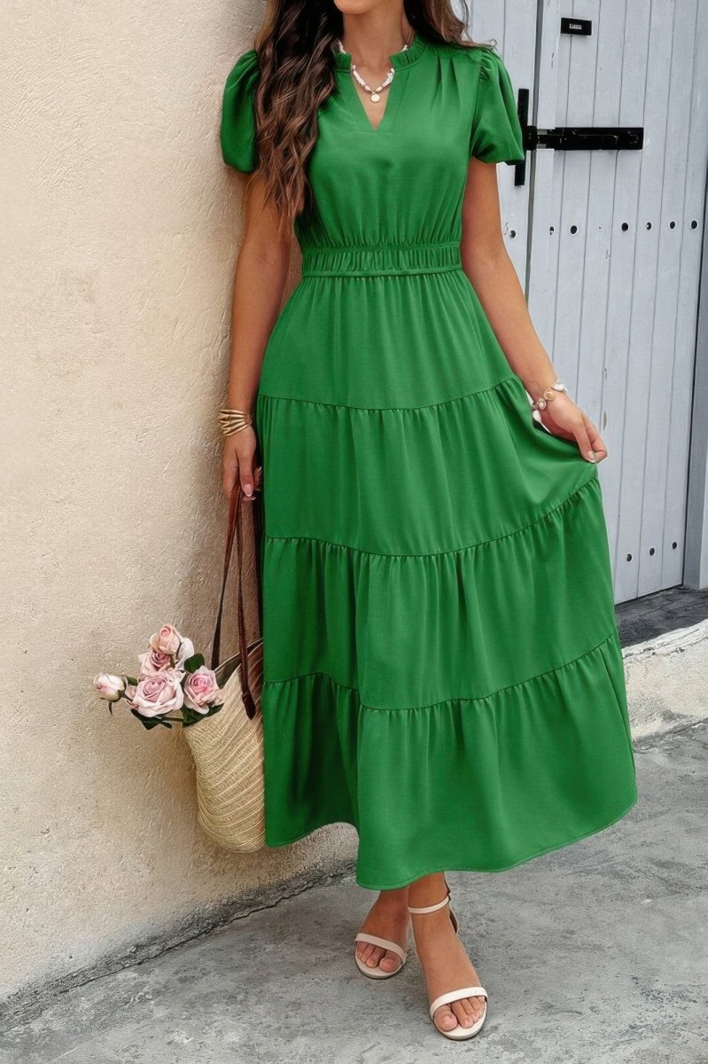 Women's color block V-neck summer dress with elastic waist, lightweight everyday casual fit