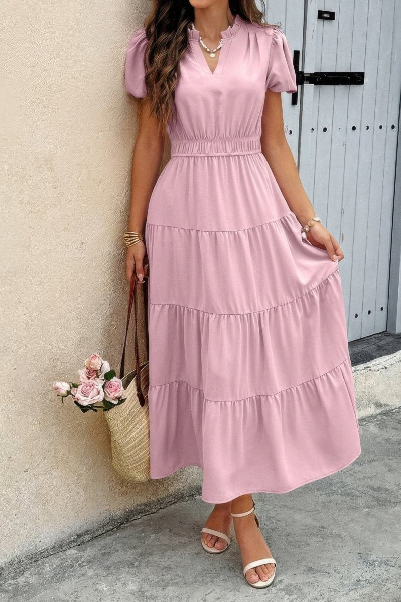Women's color block V-neck summer dress with elastic waist, lightweight everyday casual fit