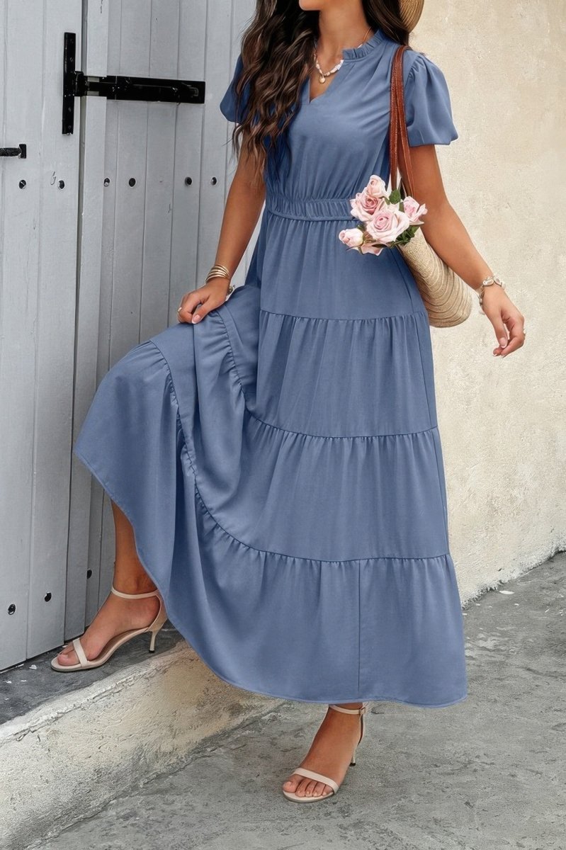 Women's color block v-neck summer dress with elastic waist, lightweight everyday casual style