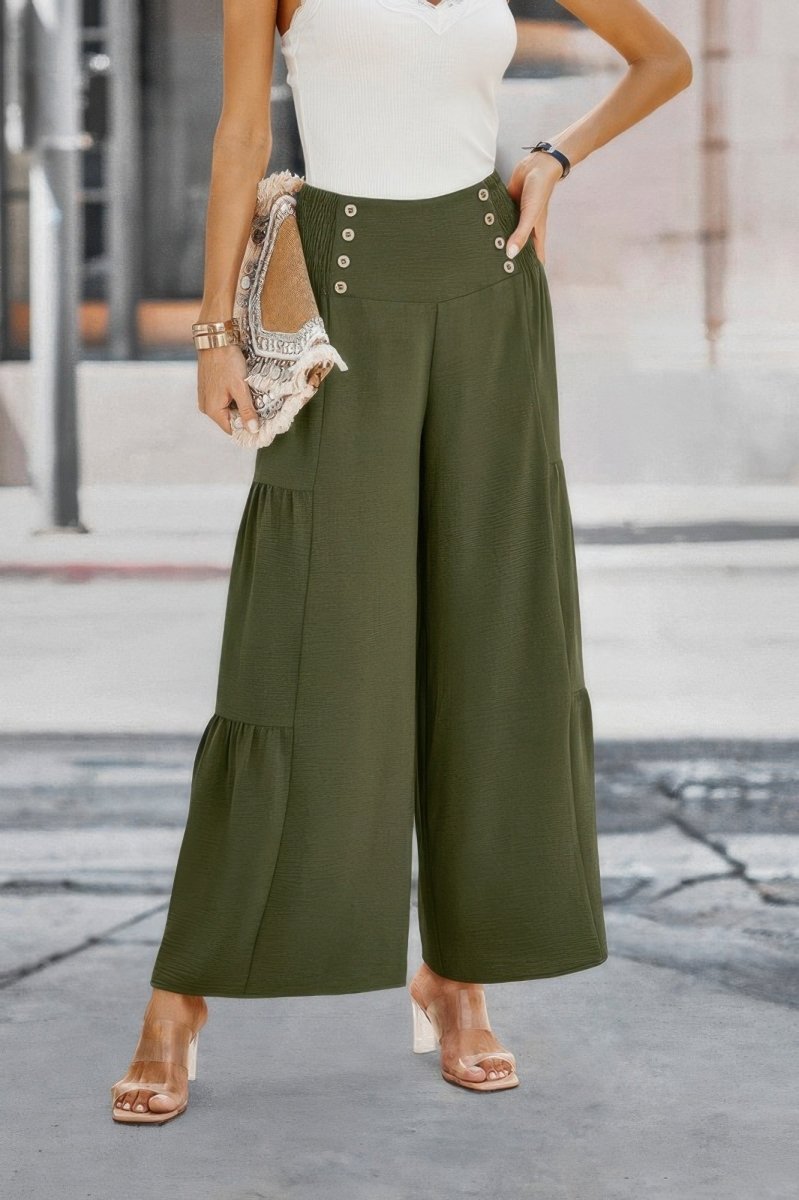 Women's high-waist wide leg pants with ruffle button detail in solid color casual travel style