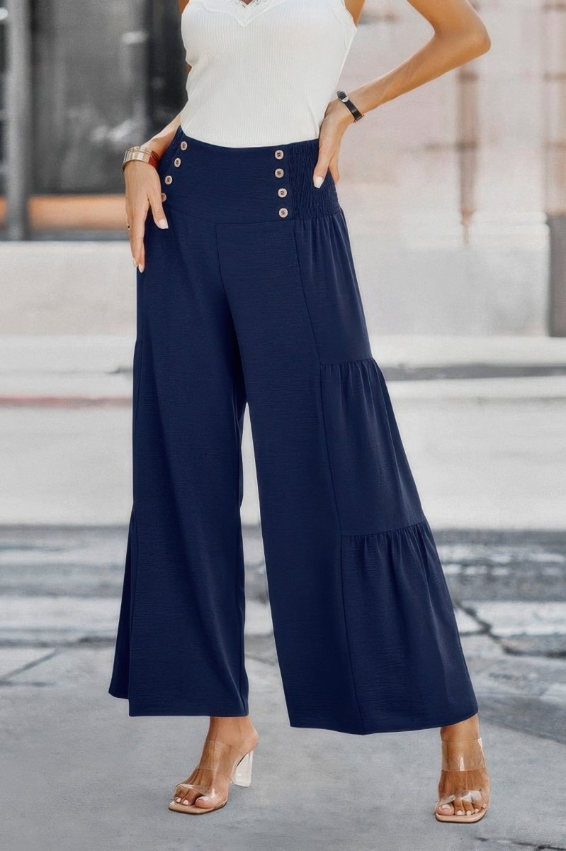 Women's high-waist wide leg pants with ruffle button detail in solid color for casual travel
