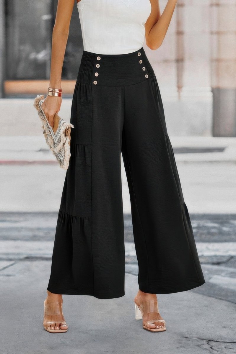 Women's wide leg high waist pants with ruffle button detail, casual travel style