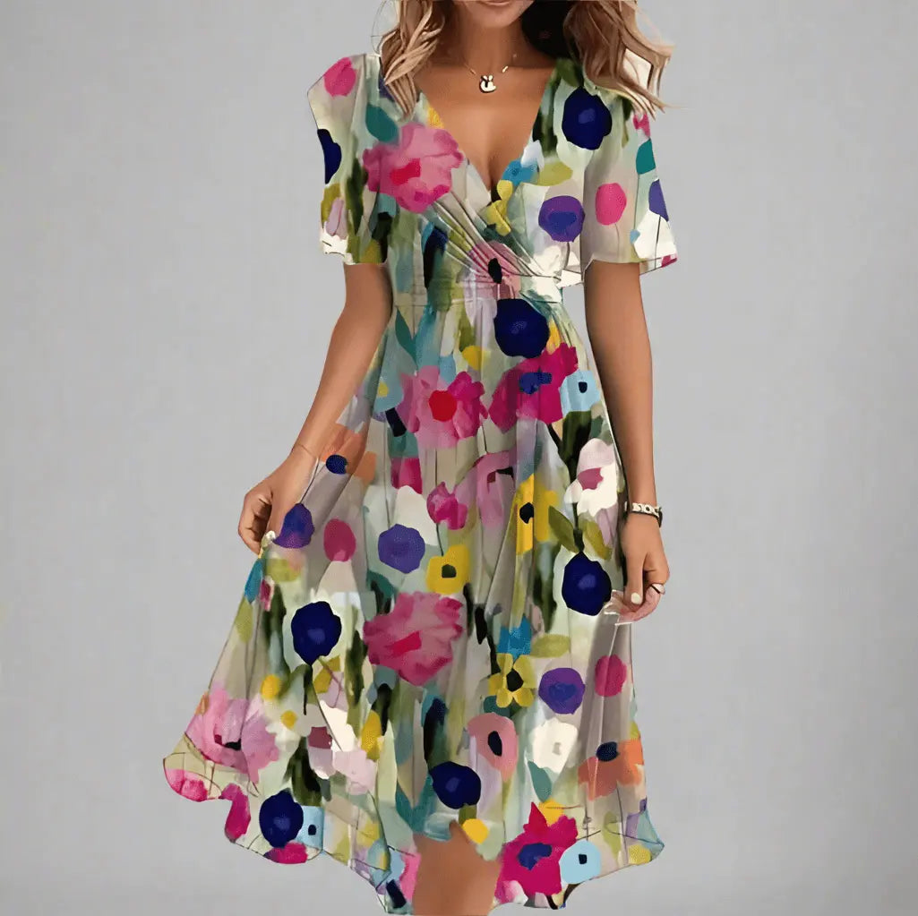 Women's floral midi dress, lightweight wrap style with V-neckline, flowing fabric for spring elegance
